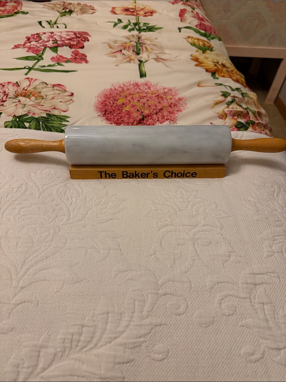 Marble Rolling Pin with Wooden Handles - White/Grey Marble